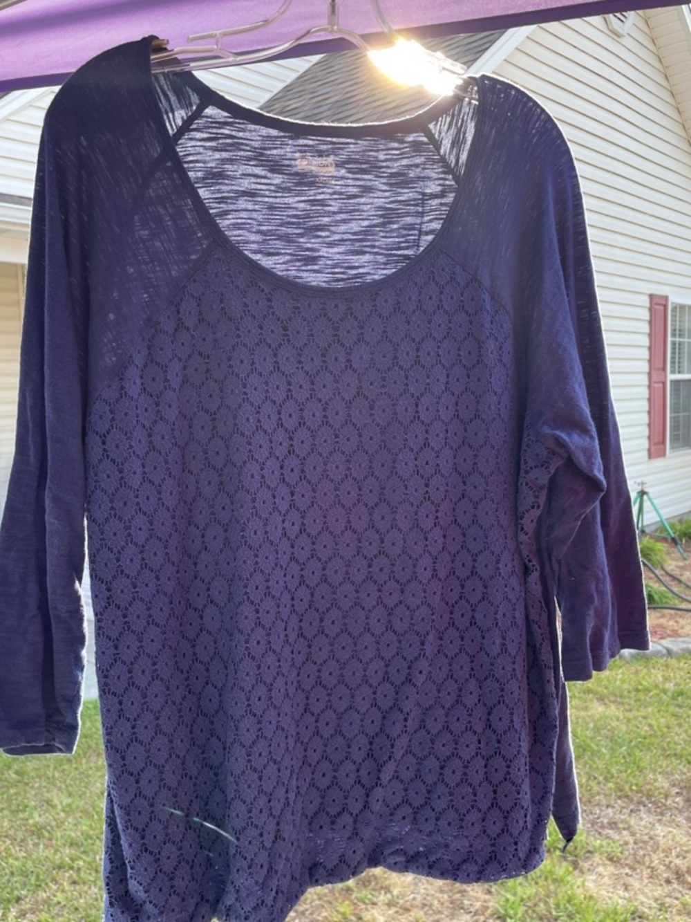 Basic Editions Navy Lace-Front Long Sleeve Top